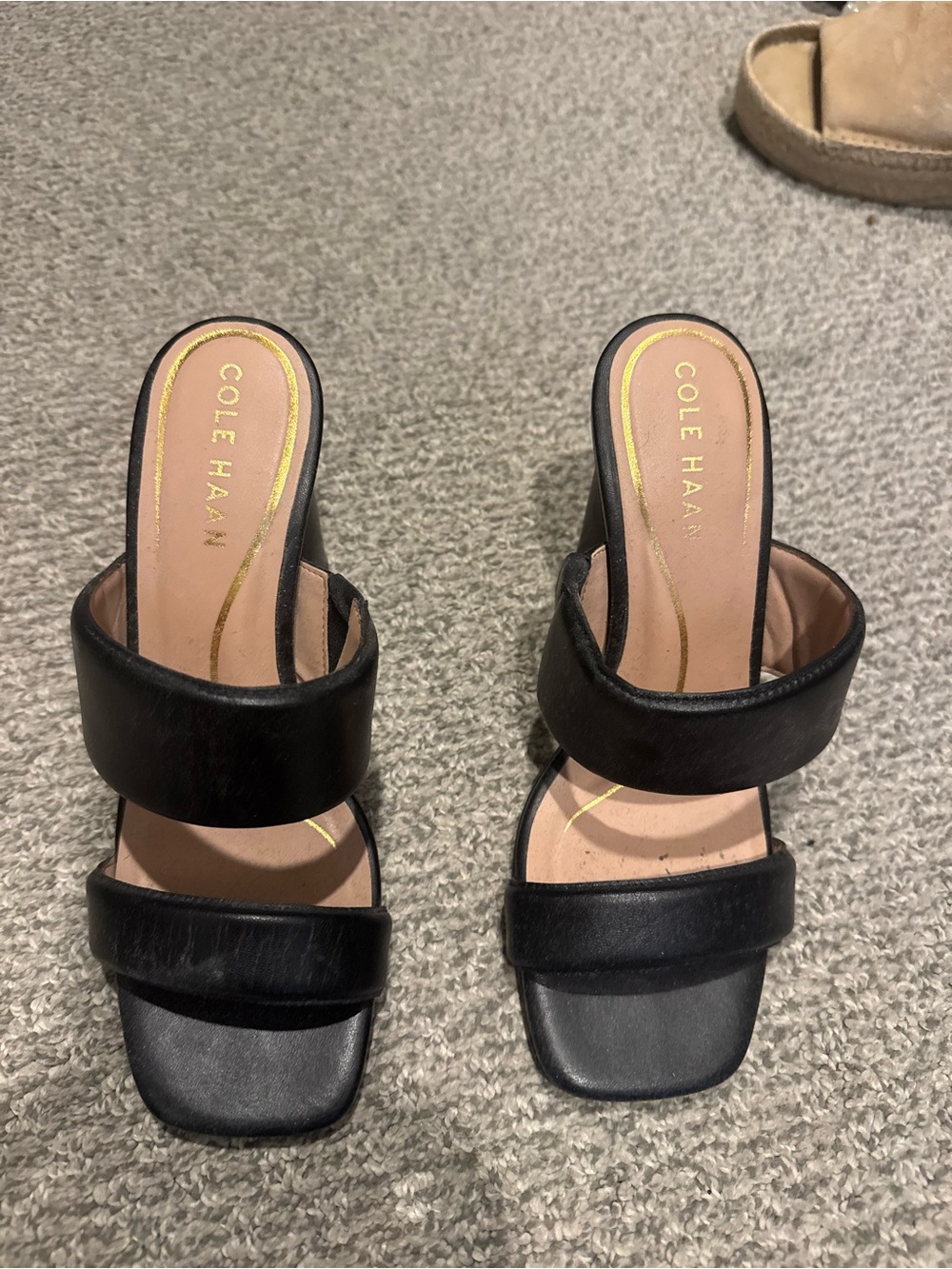 Cole Haan Black Double-Strap Square-Toe Slide Heels
